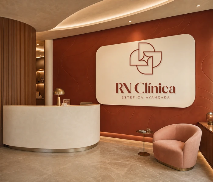 Ambientação da RN Clínica em tons terracota, creme e rosé, com a logo na parede.